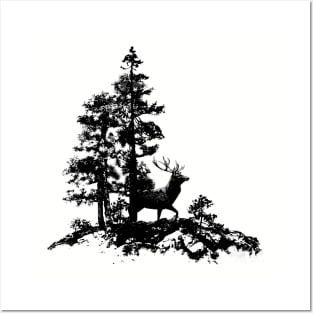 Silhouette Stag Deer  in Forest Posters and Art